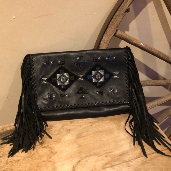RALPH LAUREN South Western Fringed Embroidered Beaded Soft Leather Clutch NEW!!! - Picture 1 of 12